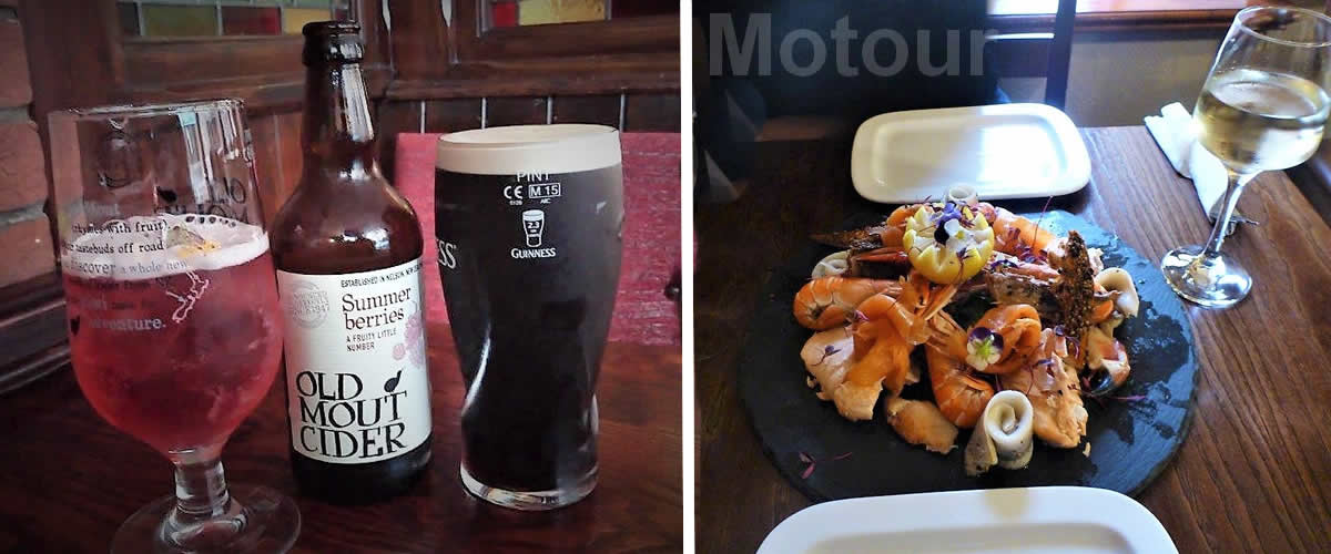 Pub food smaakt prima met een pint locaal bier of cider tijdens uw motorvakantie