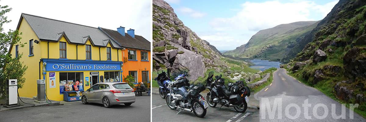 leuke dorpswinkel en mooi uitzicht motorvakantie Ierland