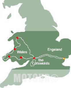 Routekaart motorvakantie Cotswolds and Wales