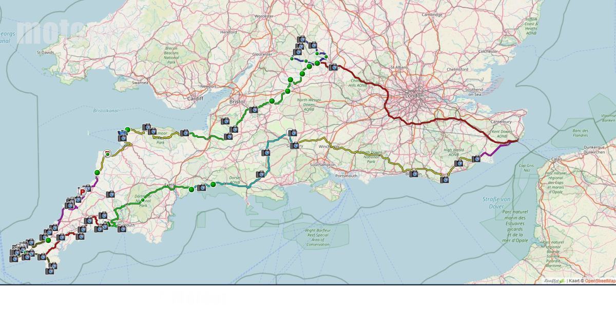 Routekaart motorvakantie Zuid-Engeland, 
Cornwall, Cotswolds 