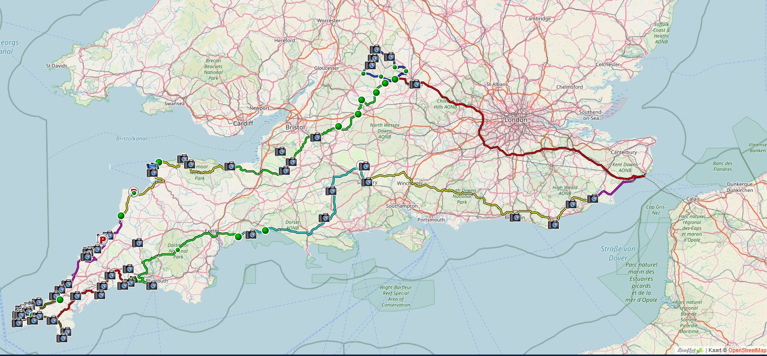Routekaart motorvakantie Zuid-Engeland, 
Cornwall, Cotswolds 