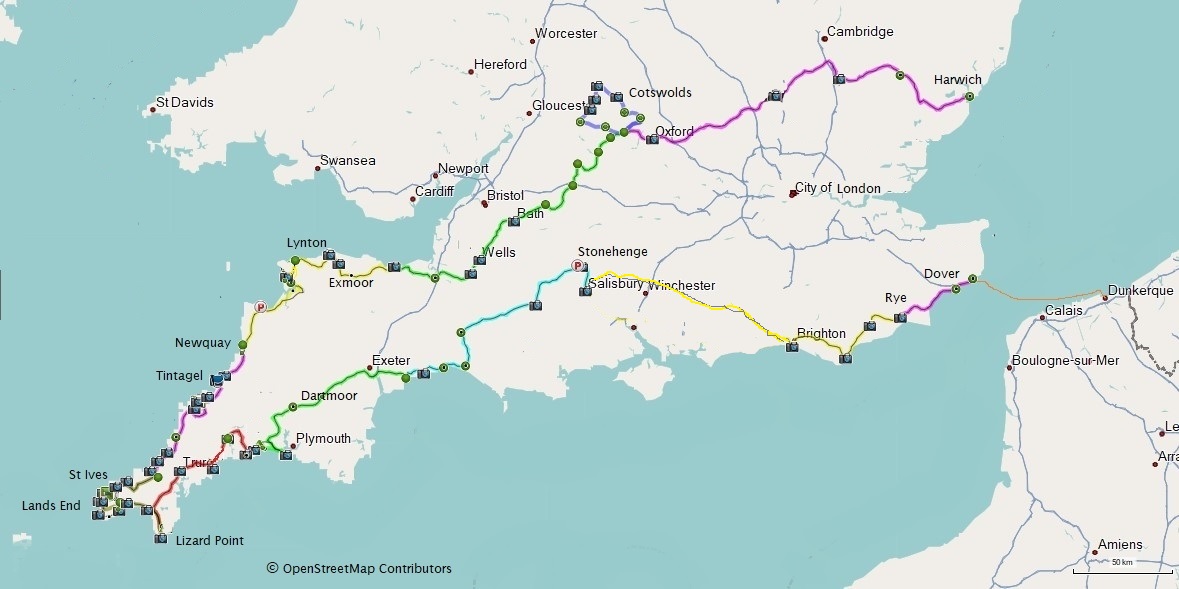 Routekaart motorvakantie Zuid-Engeland, Cornwall, Cotswolds 